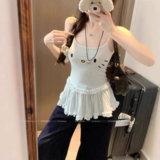 夏季新款可爱kitty吊带叠穿荷叶边内搭外穿一体式带胸垫