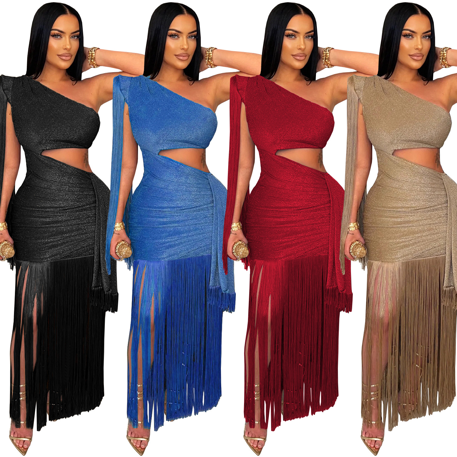 C7428 Cross-border AliExpress Amazon Moda europea y americana Vestido de falda larga con flecos de un solo hombro casual sexy para mujer