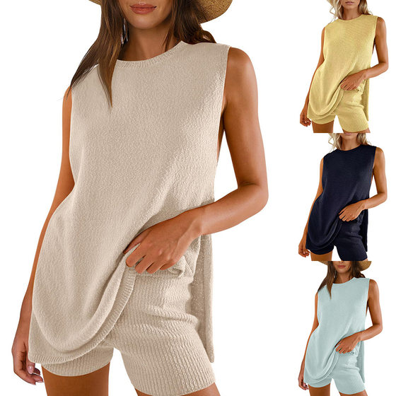 Europe and the United States cross-border foreign trade Amazon women's clothing 2025 spring and summer fashion casual knitted sleeveless shorts sweater pants suit