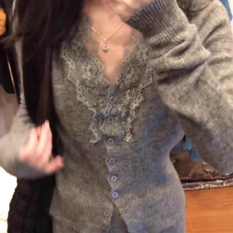 蕾丝花边领针织打底衫女秋冬款洋气内搭小衫高级感针织开衫上衣女|undefined
