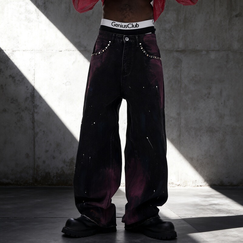 American-Style New Trendy Brand Men's Loose Straight-Leg Aurora Purple Washed Denim Pants