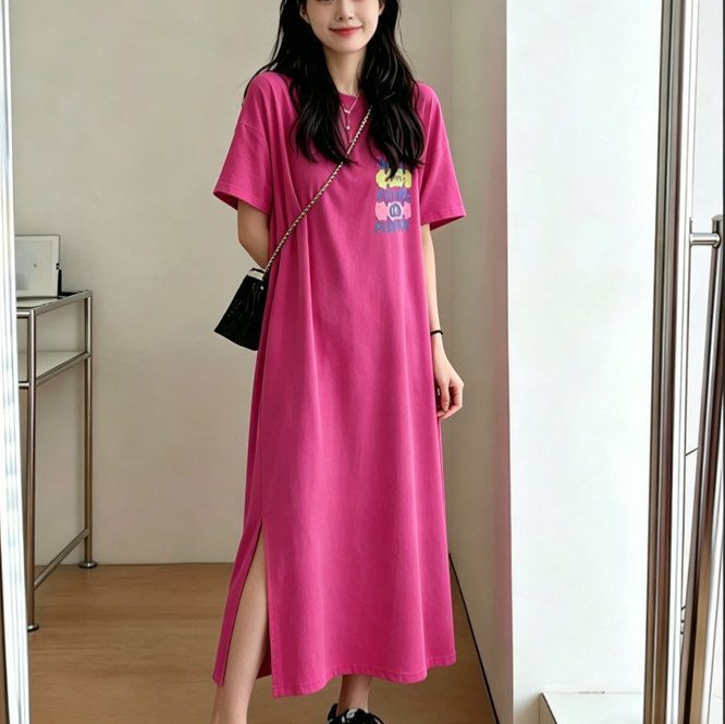 Korean Style Dress 2026 New Model for Women, Loose Short-Sleeved Long T-Shirt, Plus Size, Slightly Plus-Size Long Dress, Nightgown for Women, Summer Korean Style Dress 2026 New Model for Women, Loose Short-Sleeved Long T-Shirt, Plus Size, Slightly Plus-Size Long Dress, Nightgown for Women, Summer