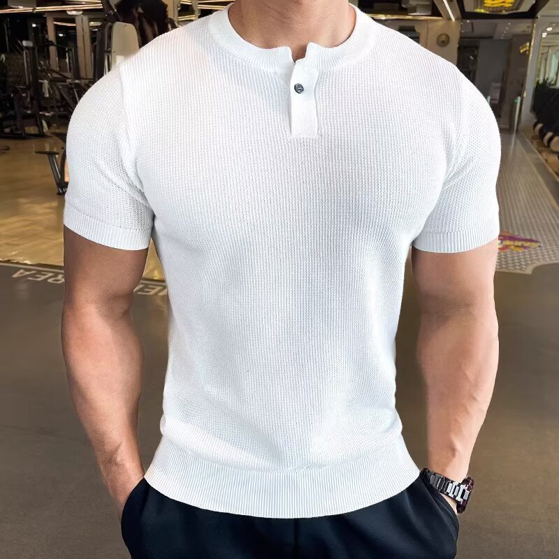 Summer New Men's Slim-Fit Knitted Short-Sleeved T-Shirt Fitness Sports Trendy Solid Color Round Neck Ice Silk Quick-Drying Top