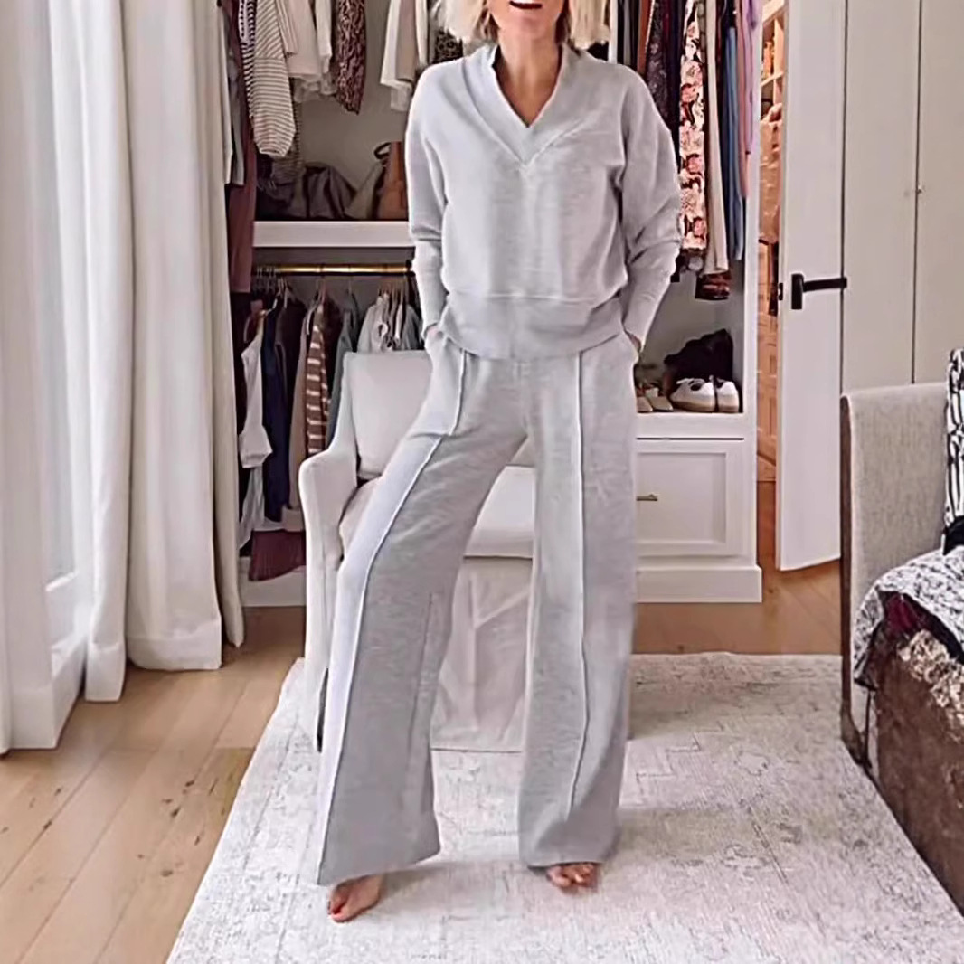 Dames tweedelige set in effen kleur, casual, met lange mouwen, comfortabel, geschikt voor thuis, veelzijdig, herfst, Europees-Amerikaanse stijl_voghion.com