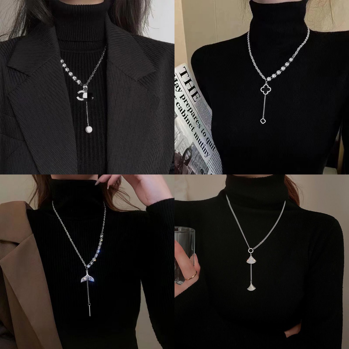 2023 nuevo doble C letra perla colgante suéter cadena de lujo en línea rojo grado superior otoño e invierno suéter cadena accesorios