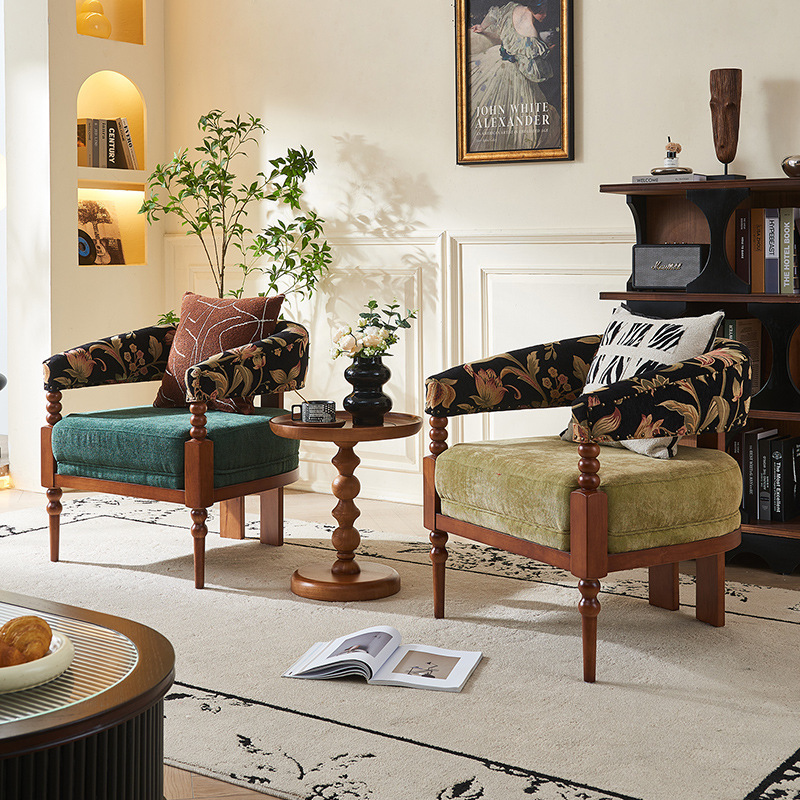 French Retro Solid Wood Sofa Chair Living Room Fabric Armchair Small Apartment Hotel Homestay Balcony Lazy Leisure Chair
