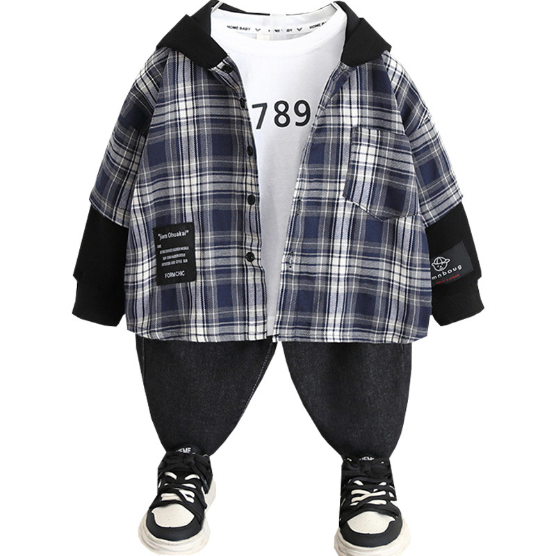 5989 Chaqueta de camisa con capucha de otoño para niños 2024 Nueva camisa a cuadros de manga larga de primavera y otoño para niños