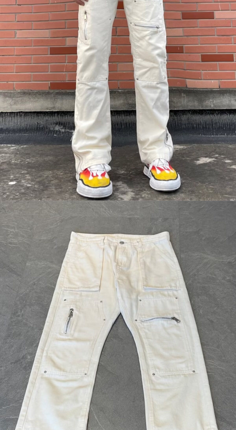 Unisex Boyfriend Style White Denim Jeans Rivet Design Straight Leg Trendy Floor Length Pants American High Street_mkmklike.com