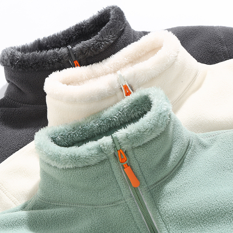 Outdoor Couple Style Reversible Fleece Jacket for Women Thickeneded Polar Fleece Sweatshirt Autumn and Winter Warm Cardigan Stand Collar Jacket for Men