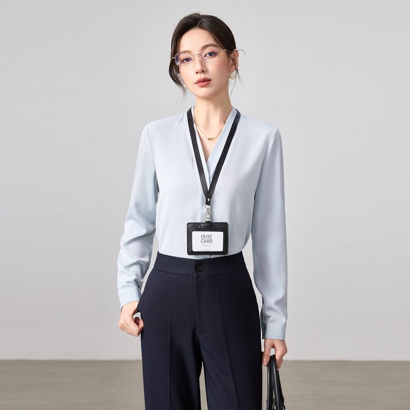 White V-neck shirt for women, suitable for spring and autumn, hotel professional attire, property office workwear, long-sleeved shirt for business recruitment and teachers White V-neck shirt for women, suitable for spring and autumn, hotel professional attire, property office workwear, long-sleeved shirt for business recruitment and teachers