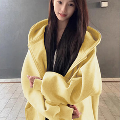 美式奶黄色连帽卫衣外套女早秋2025新款宽松bf慵懒风正肩休闲上衣