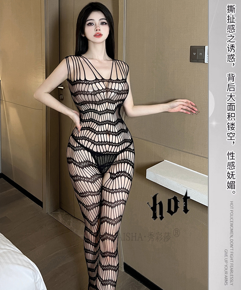 Black Mesh Babydoll Dress with Suspenders and Hollow Net Stockings, Plus Size — detail image 10