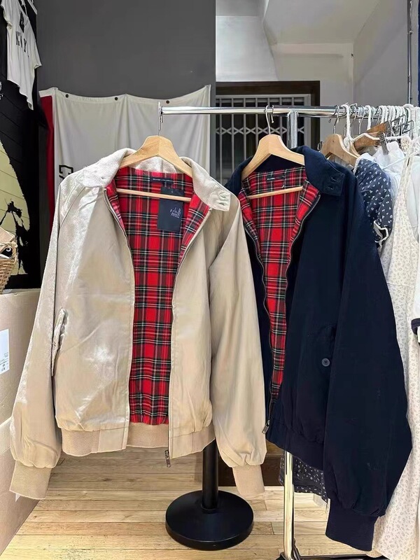 BM style American retro jacket coat red plaid pocket loose stand collar parka top for women