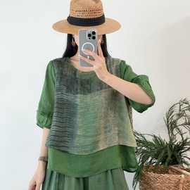 花社2026夏季新款印花气质苎麻T恤衫 宽松套头假两件拼接上衣