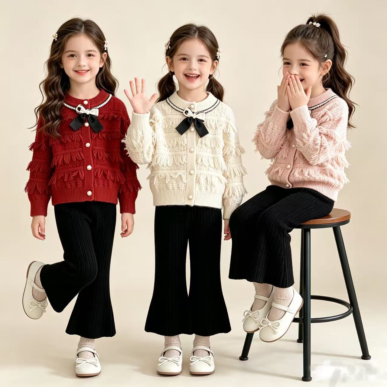 Girls' 2026 Autumn/Winter New Style Knitted Two-Piece Sweater Set, Korean Style, Round Neck, Solid Color, Bow Cardigan