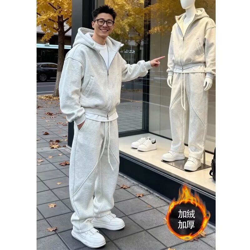 2026 Autumn/Winter Men's Hooded Fleece Sweatshirt and Loose Casual Sports Pants Two-Piece Set