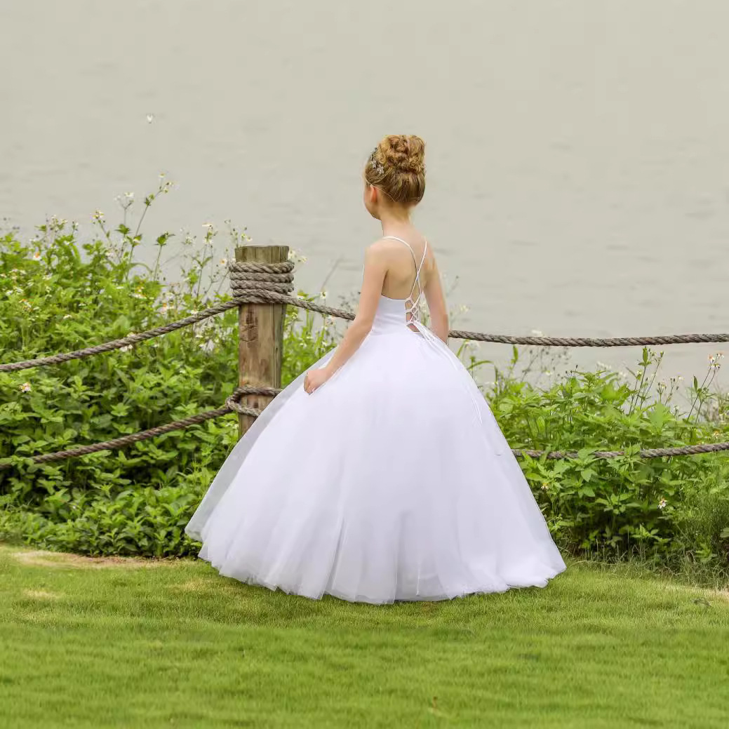 Nuevo vestido de boda infantil europeo y americano de verano transfronterizo de chicas de encaje de cabina de vuelta descubierta vestido de princesa