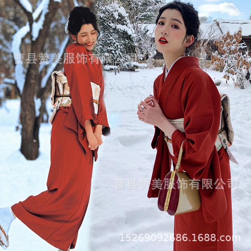 Kimono women's formal wear traditional winter snow Red Japanese style Chinese style photography photo God girl kimono