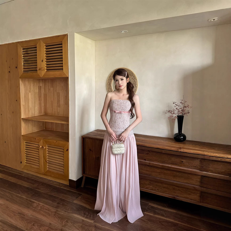 French-Style Vintage Pink Princess-Like Strapless Dress Birthday Gown Banquet Evening Dress A-Line Long Skirt with a Large Hem French-Style Vintage Pink Princess-Like Strapless Dress Birthday Gown Banquet Evening Dress A-Line Long Skirt with a Large Hem