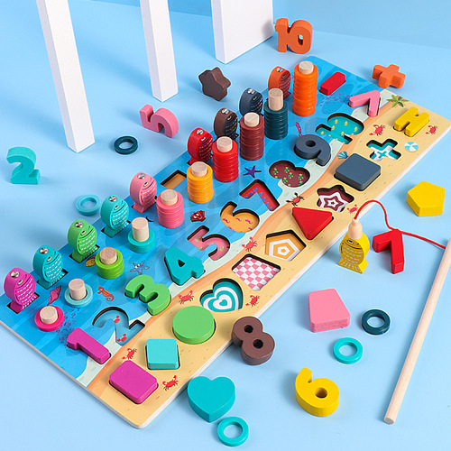 Wooden Five-Number Board for Children, Number Operation, Shape Matching, Magnetic Fishing Blocks, Preschool Educational Toys