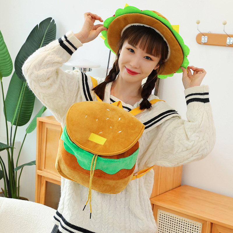 Cartoon New Hamburger Bag Children's Plush Toy Bag Hamburger Hat Funny Novelty Backpack suit Big Shoulder Bag Cartoon New Hamburger Bag Children's Plush Toy Bag Hamburger Hat Funny Novelty Backpack suit Big Shoulder Bag