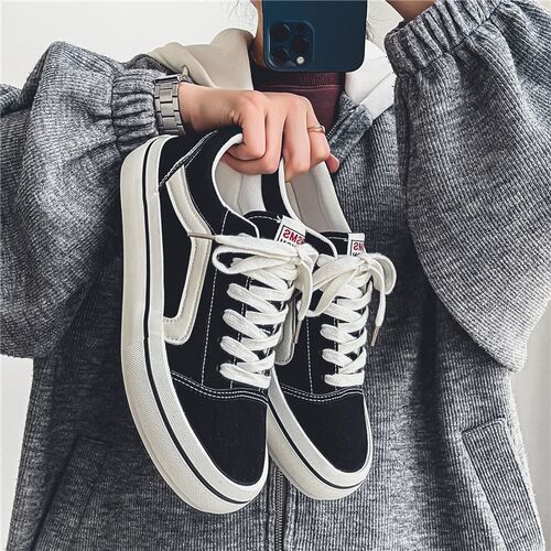 Original niche design canvas shoes for men, black board shoes, large size 46, sports running shoes, trendy, Zhejiang Wenzhou, Korean style, cotton