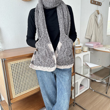 韩版大口袋围巾女针织毛线麻花牛角扣小众披肩情侣保暖撞色围脖男