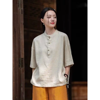 新中式苎麻复古衬衫女春夏2026新款棉麻宽松茶服休闲禅意短袖上衣