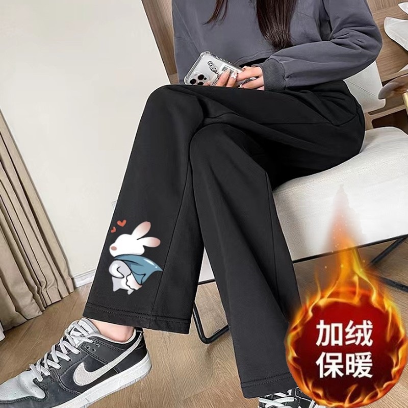 뒷면 토끼 스트레이트 블랙 팬츠와 벨벳