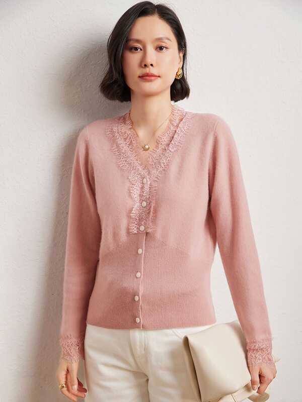 Autumn and Winter New Lace Splicing Knitted Cardigan Fashionable Simple French Cashmere V Neck Lace Bottoming Sweater Top