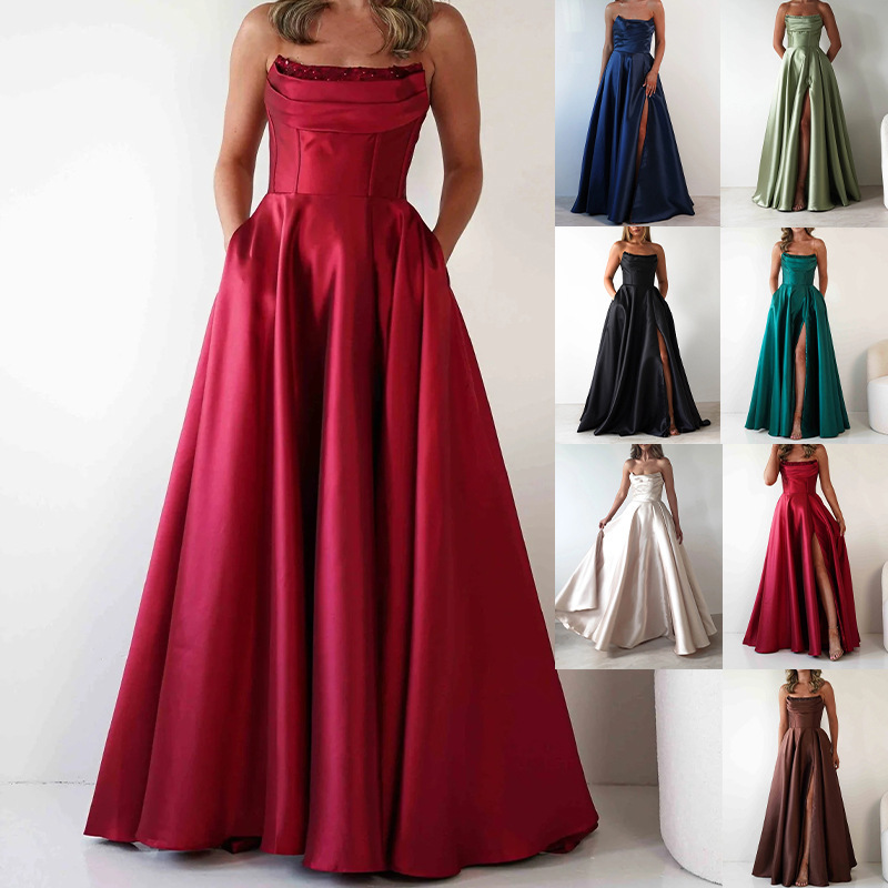 Amazon Bridesmaid Prom Dress with Back Tie, Formal Long Dress, Banquet European and American Evening Dress, Satin Dress for Women