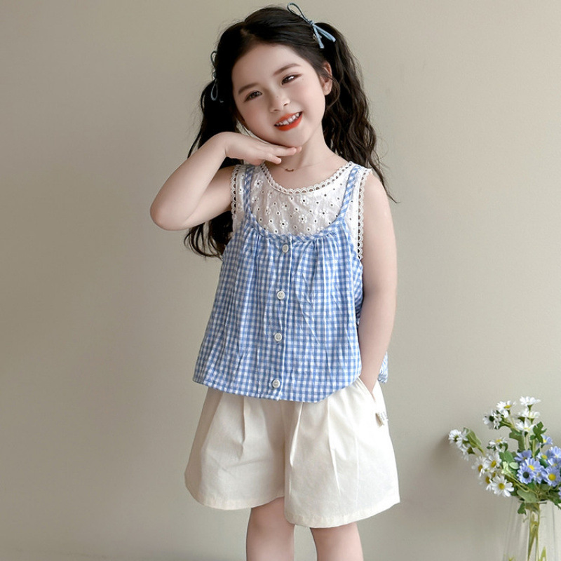 女の子の夏のチェック柄ベストセット 2025 新しいレース子供のファッショナブルな女の赤ちゃんショーツ 2 点セット|undefined