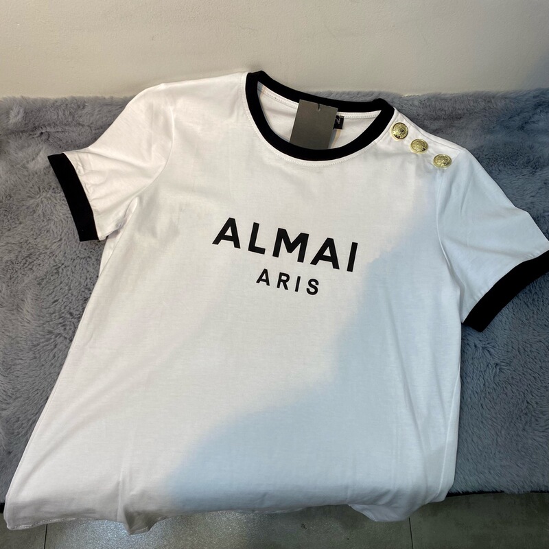 European and American Balm Trendy Brand New Letter Printed Short-Sleeved Cuffs Color Matching Shoulder Button Design T-Shirt Tops for Women