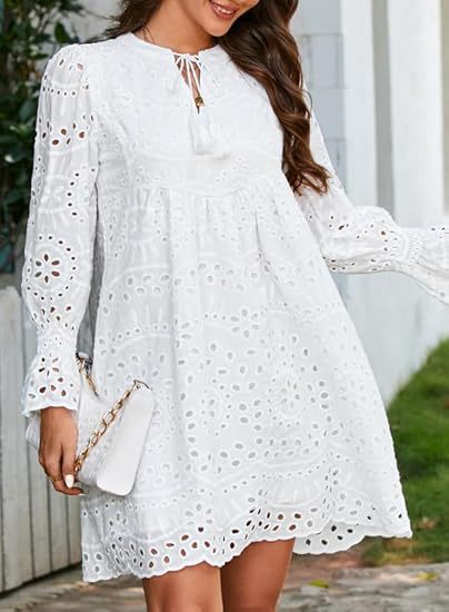 ChicShe Damenkleid 2024, lässig, mit Quasten, V-Ausschnitt, langen Ärmeln, A-Linie, Lochspitze, plissiertem Partykleid_voghion.com