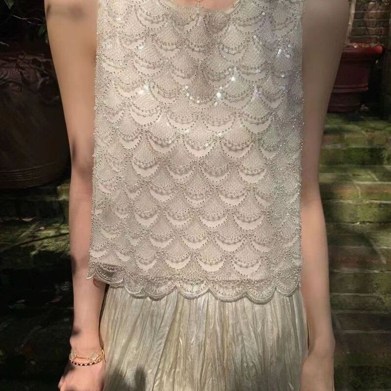 New Style Lace Western Style Heavy Industry Sequin Shell Top Fashion Design Sense Small Age-reducing Sleeveless Elegant Vest