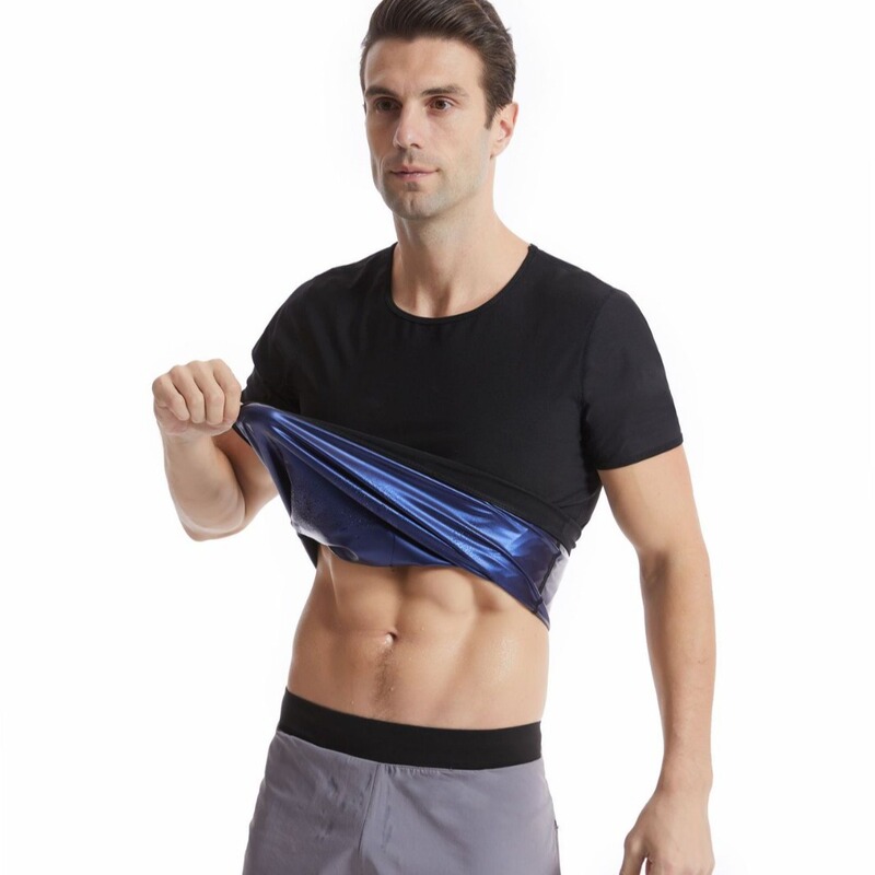 Cross-Border Amazon Men's Hemmed Short-Sleeved Sweat Suit Sports Fitness Corset Shapewear European and American Sports Short-Sleeved