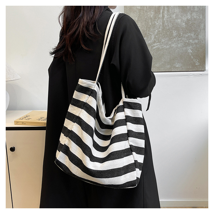 Laid-back striped canvas bag, Korean ins artistic color-blocking tote bag, large-capacity single-shoulder bag, shopping bag, large bag undefined