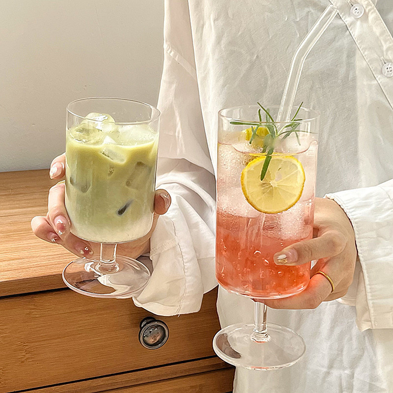 夏季ins风高脚果汁杯玻璃杯咖啡厅奶茶冷饮杯鸡尾酒饮品杯饮琴萱