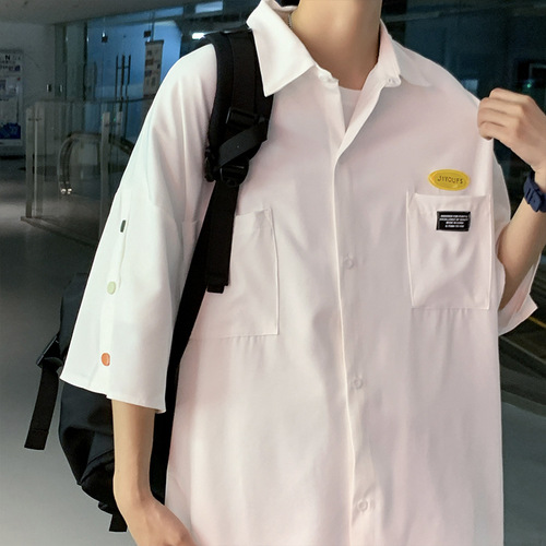 Men's Summer Thin-Padded Button-Down Short-Sleeve Shirt, Loose and Versatile Casual Trendy Instagram Hong Kong Style Japanese Five-Sleeve Outerwear