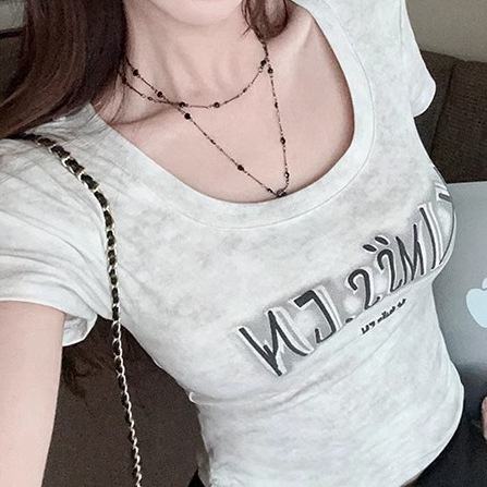 Women's Summer Small Subculture Tie-Dye Letter U-Neck Short Sleeve T-Shirt - Pure Desire Hot Girl Top