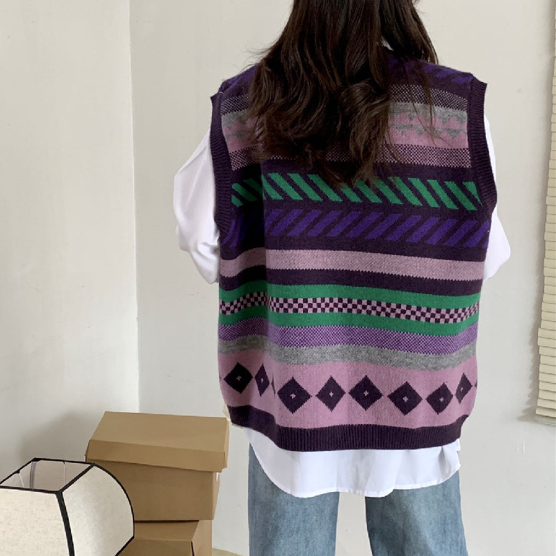 Chaleco de punto con cuello redondo y diseño de rombos estilo universitario para mujer, suéter con bloques de color, diseño de bloques de color estilo europeo y americano. image 4