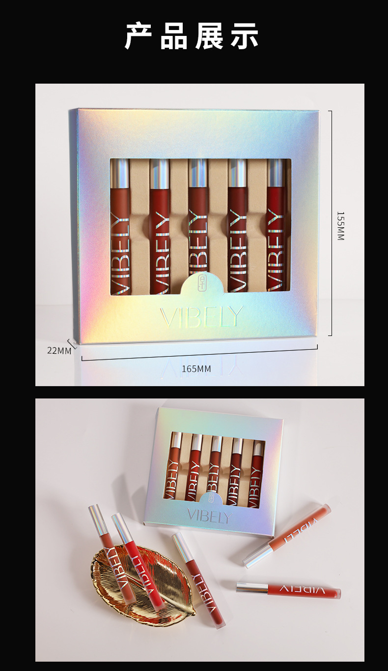 VIBELY Matte Air Lip Gloss Set, non-stick Cup Velvet Lip Gloss Five-piece Gift set for export undefined