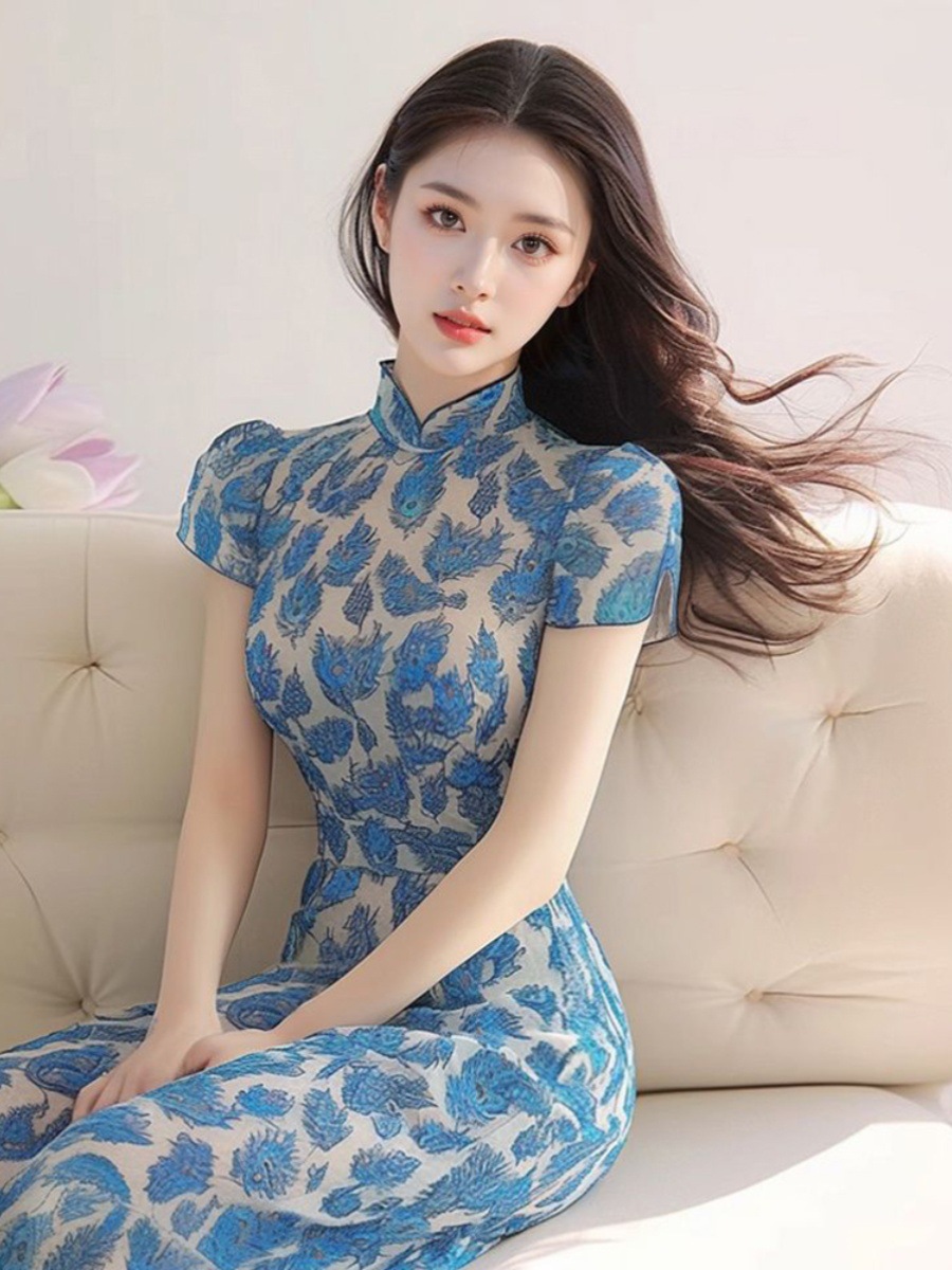 Váy dài phong cách Trung Quốc mới mùa hè FL240348 in hoa xanh lam thắt eo — Màu xanh lam chi tiết 6