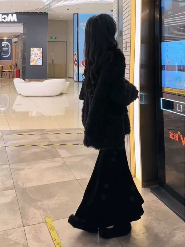 Набор женский 2023 зимний новый ретро среднего и длинного имитационного ягненка шерстяная куртка для талии и бедра платье из двух частей