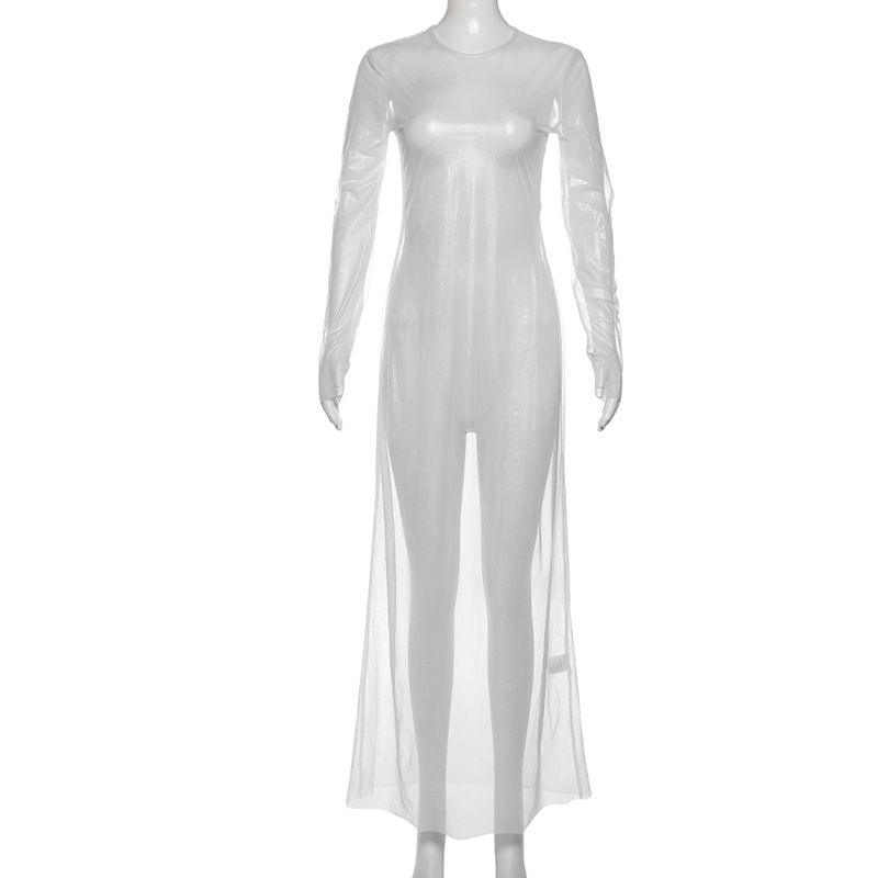 Autumn Winter Women round Neck Long Sleeve Sexy See through High Waist Figure Flattering Sheath Dress
