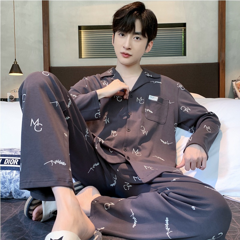 Pijamas de los hombres de primavera y otoño 100% algodón pantalones de manga larga delgada más tamaño de los hombres de alto grado traje de desgaste para el hogar