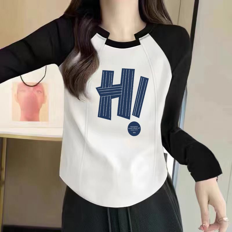 High-End Cotton Long-Sleeved T-Shirt for Women 2025 New Spring and Autum Slim Printed Stitching Versatile Bottoming Shirt Top for Women