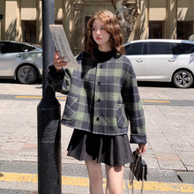 实拍复古绿学院风格纹双面羊毛大衣2025冬款小个子洋气减龄短外套
