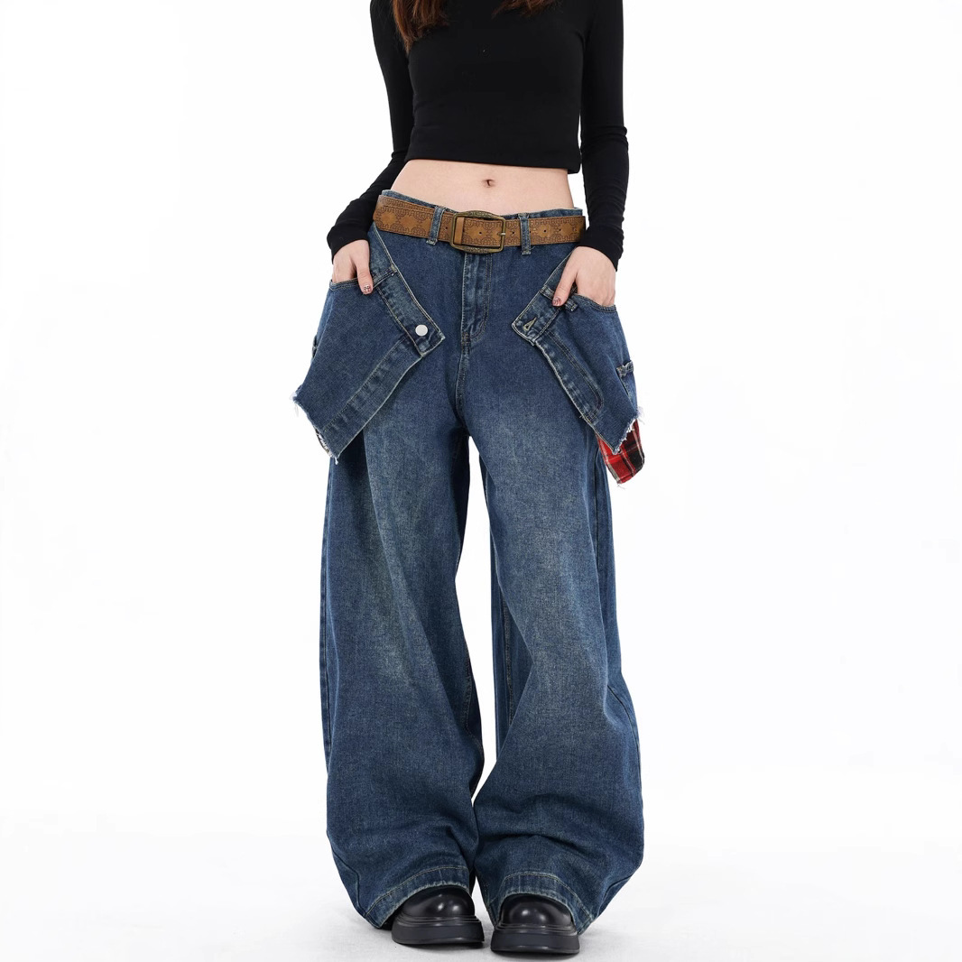 Men's Oversized Distressed Jeans High Street Style Fake Two-Pocket Design Relaxed Wide Leg Cotton Vintage Wash Unisex Streetwear_mkmklike.com