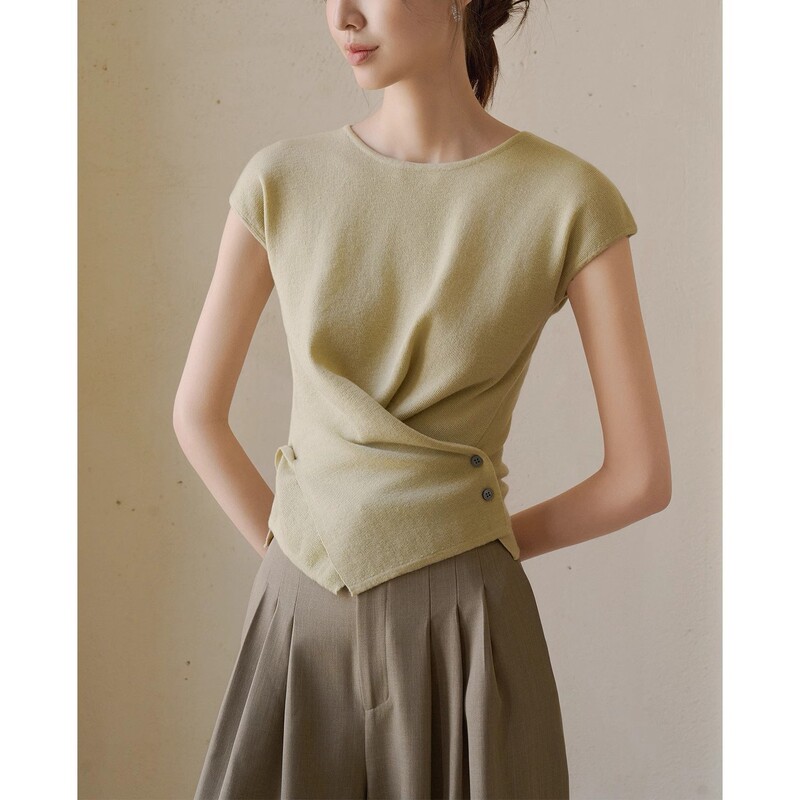 Wool Blended Overlapping Hem Design Niche Slimming Look Round Neck Small Bag Sleeve Knitted T-Shirt for Women